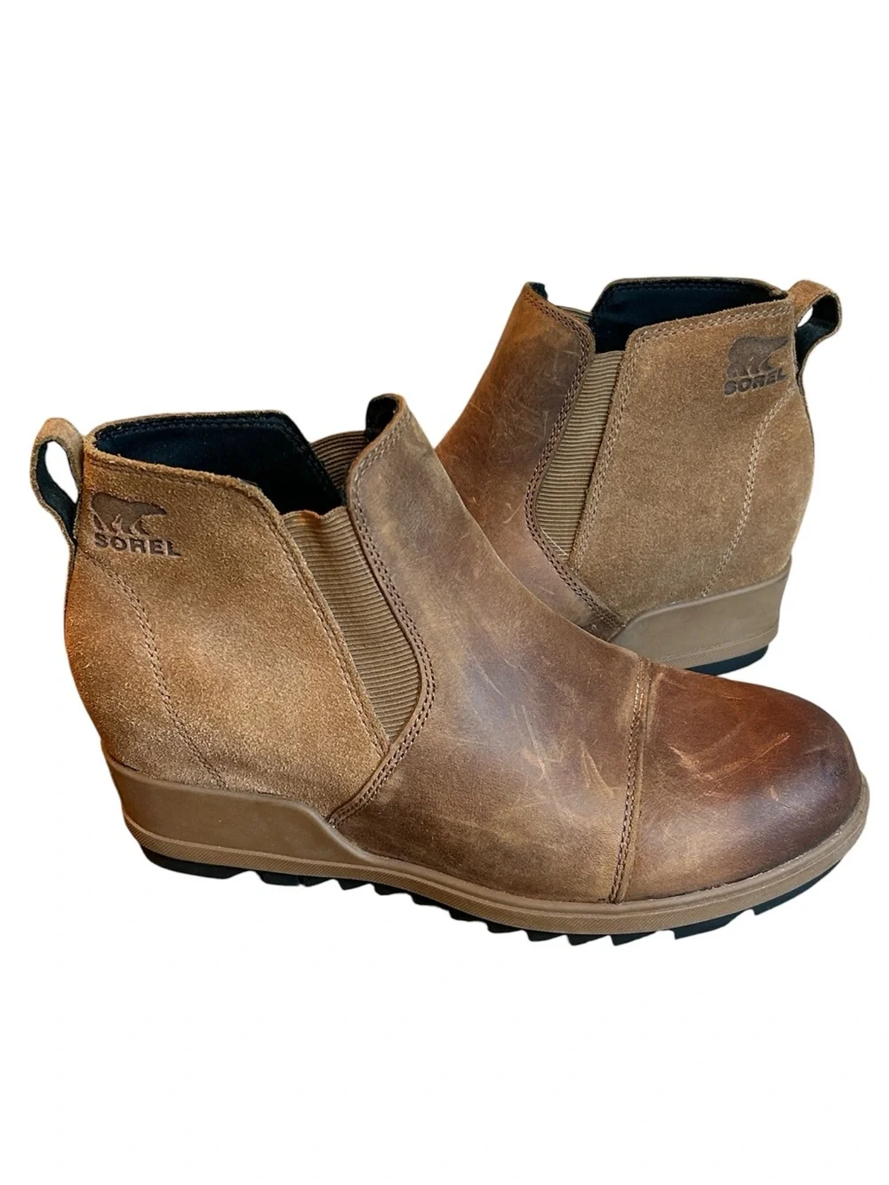 Sorel Evie Pull on Wedge Ankle Boots Women's Size 8 US Brown Leather & Suede